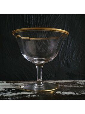 Vtg Gold Banded Optic Glass Coupe Champagne Cocktail Glass Hollywood Regency